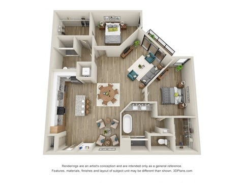 Floor plan for 2 beds, 2 baths, 1544 sqft